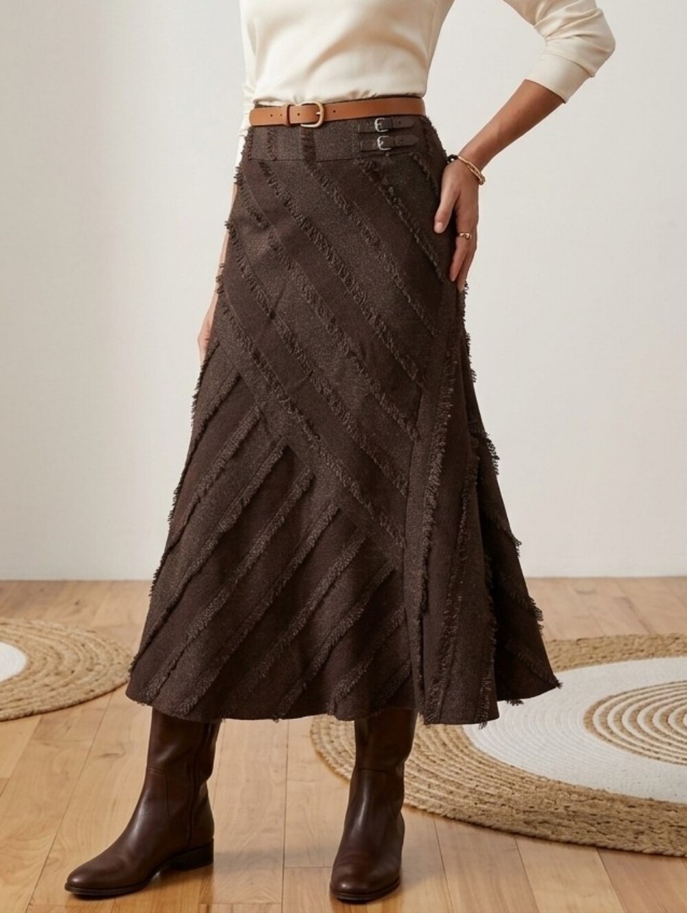 Vintage Tribal Y2K Brown Textured Diagonal Maxi Skirt Whimsigoth Boho Grunge US6